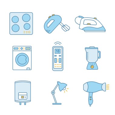 Ev aleti renk simgeler kümesi. Cooktop, el mikseri, buharlı ütü, çamaşır makinesi, uzaktan kumanda, blender, su ısıtıcı, Masa lambası, saç kurutma makinesi. 