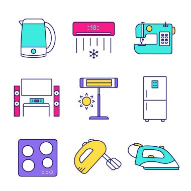 Ev aleti renk simgeler kümesi. Elektrikli su ısıtıcısı, Klima, dikiş makinesi, ev sineması, Infrared Isıtıcı, buzdolabı, cooktop, el mikseri, buharlı ütü.
