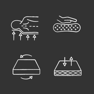 Ortopedik yatak tebeşir Icons set. Geri destek, lateks malzeme, Çift sezon yatak, solunabilir kapak. 