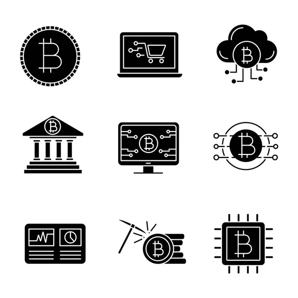 Bitcoin Cryptocurrency Glyph Icons Set Coin Online Shopping Cloud Mining — Stock Vector