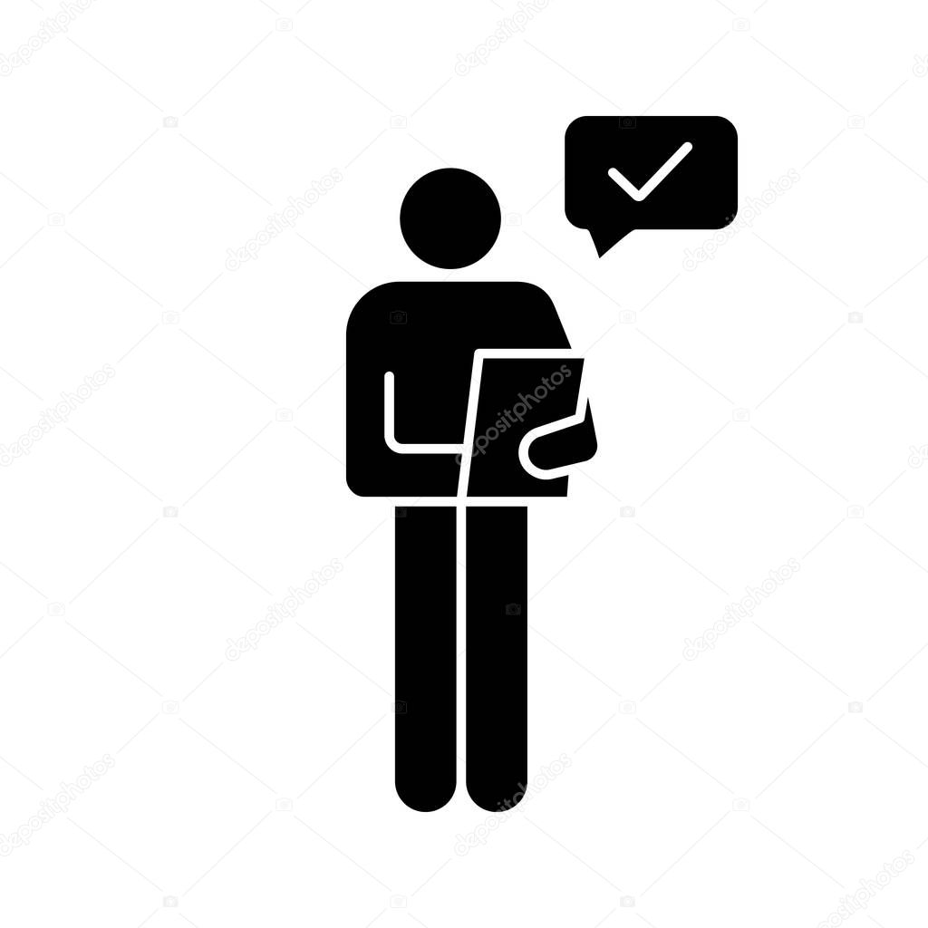 Person checking document glyph icon.