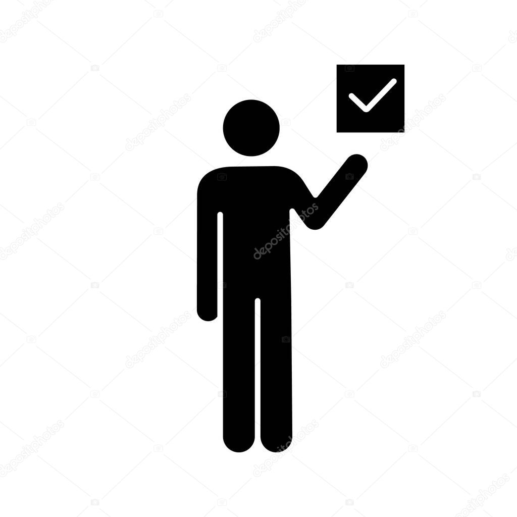 Voter person holding checkbox glyph icon.