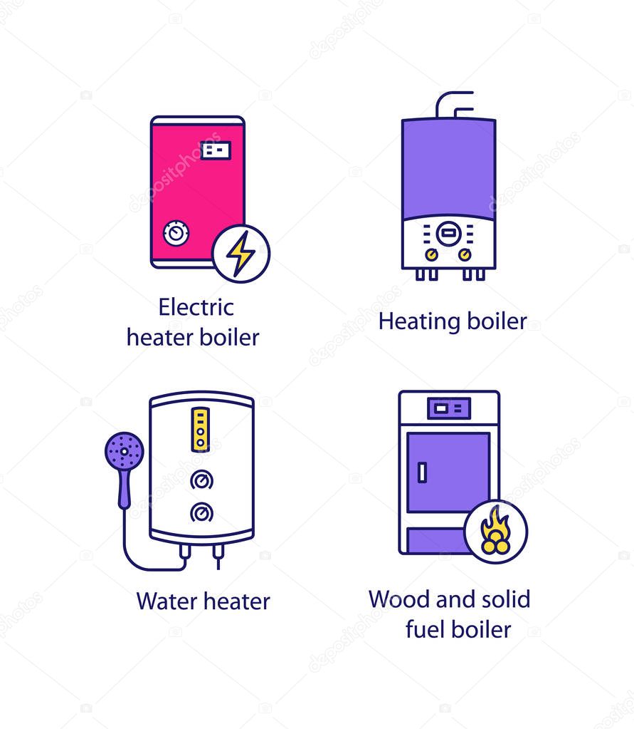 Heating color icons set. Electric boiler, gas and electric tankless water heater, solid fuel boiler.