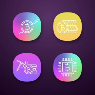 Bitcoin cryptocurrency app simgeleri ayarlayın. Pazar büyüme grafiği, bitcoin sikke yığını, madencilik, mikroçip. 