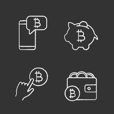 Bitcoin cryptocurrency tebeşir Icons set. Bitcoin sohbet, kumbara, cryptocurrency ödeme tıklama, Dijital Cüzdan. 