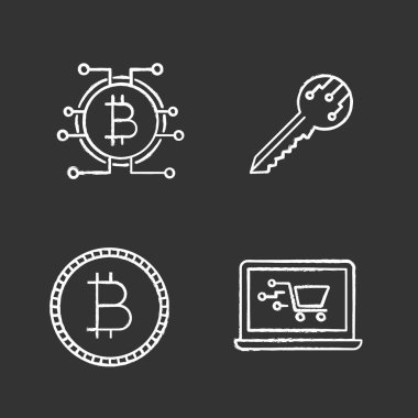 Bitcoin cryptocurrency tebeşir Icons set. Dijital anahtar, bitcoin ile miniyonga yolu, para, online alışveriş. 