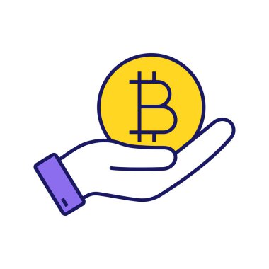 Bitcoin sikke renk simgesi ile açık el. 