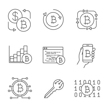 Bitcoin cryptocurrency doğrusal Icons set. Bitcoin Satım, fintech, Pazar büyüme grafiği, araştırma yazılım, Dijital Cüzdan, anahtar, ikili kod. 