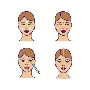 Nörotoksin enjeksiyon renk simgeler kümesi. Anestezik krem, yüz biçimlendirme, kargalar feets enjeksiyon, yüz gençleştirme.