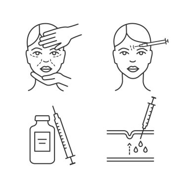 Nörotoksin enjeksiyon doğrusal Icons set. Güzellik uzmanı muayene, nörotoksin, alnına enjeksiyon.