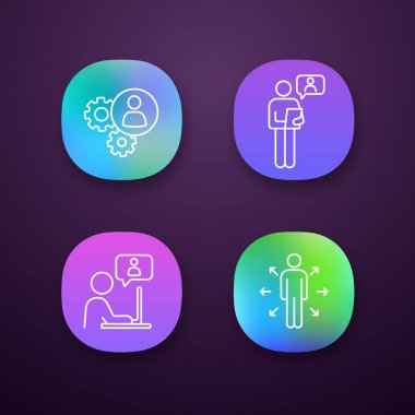 İş yönetimi uygulaması simgeler kümesi. Takım çalışması, online iş görüşmesine, sohbet, karar yönetim. 