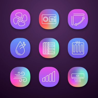 Klima app simgeleri ayarlayın. Egzoz fan, termostat, Panjur, nemlendirme, yerden Isıtma, ısıtıcı, hava akımı, güç düzeyi, Klima. 