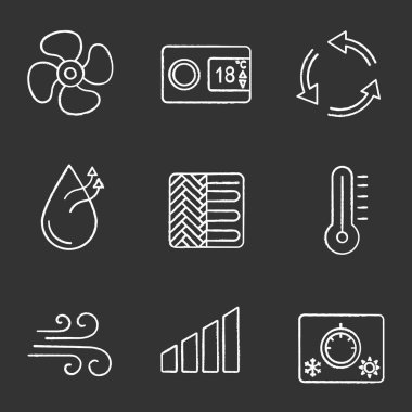 Klima tebeşir Icons set. Enerji seviyesi, termostat, havalandırma, nemlendirme, yerden Isıtma, termometre, hava akımı, iklim kontrol düğmesi, fan egzoz. 