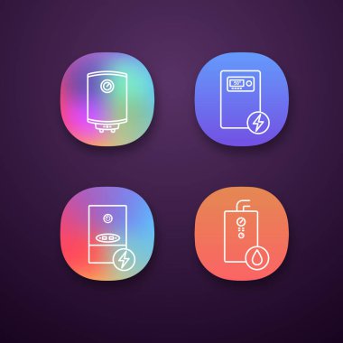 Isıtma app simgeler kümesi. Elektrik ve gaz su ısıtıcı ve Isıtma kazanlar. 