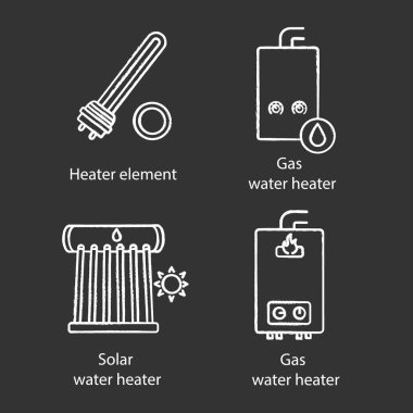 Isıtma tebeşir Icons set. Elektrik ve gaz su ısıtıcıları, Isıtma kazanı, endüstriyel su ısıtıcı. 