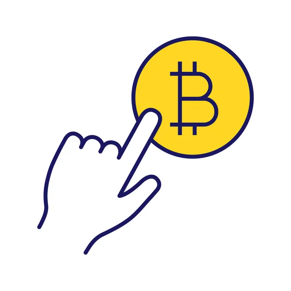 Hand Pressing Bitcoin Button Color Icon — Stock Vector