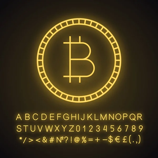 Leuchtendes Bitcoin Zeichen Mit Alphabet Zahlen Und Symbolen Neonlicht Symbol — Stockvektor