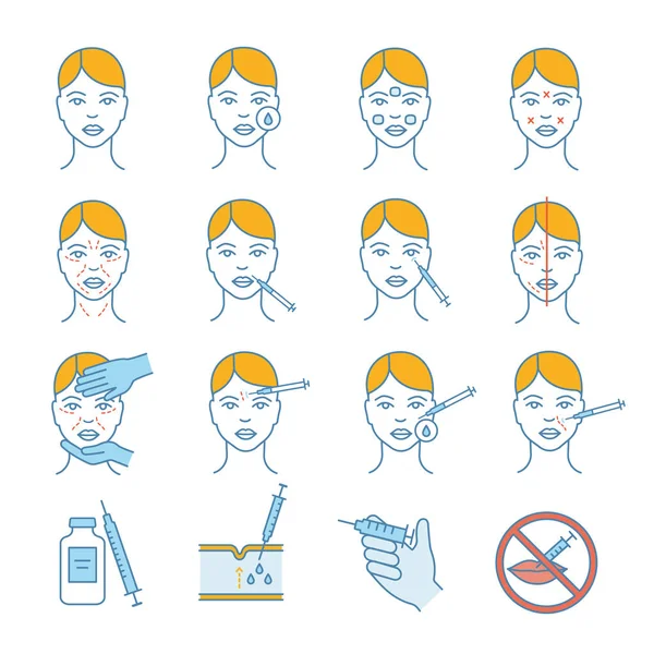 Neurotoxin Injection Cosmetic Procedures Color Icons Set — Stock Vector