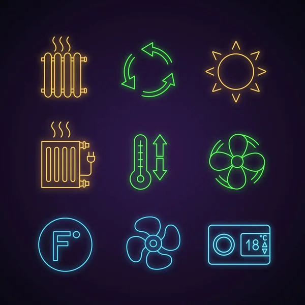 Set Icone Luminose Neon Con Aria Condizionata Radiatori Ventilazione Sole — Vettoriale Stock