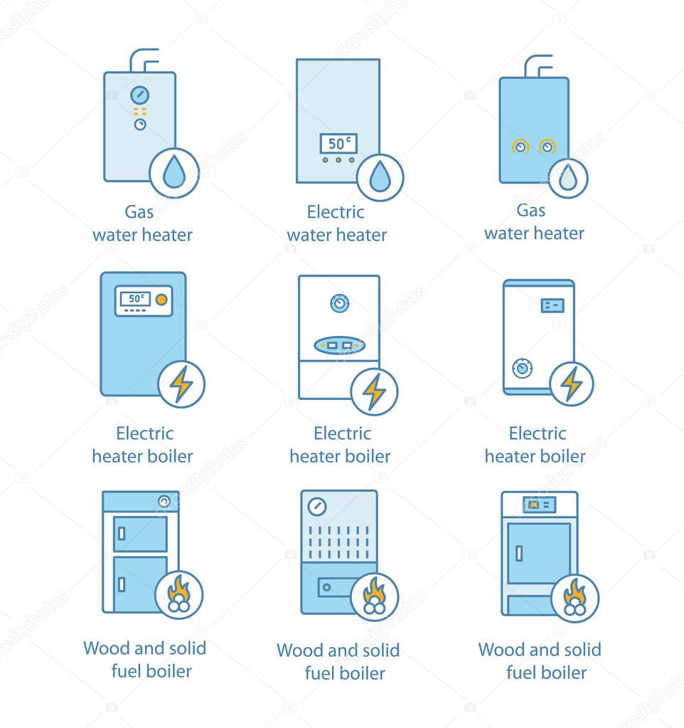 Commercial, industrial and domestic central heating systems color icons set. 