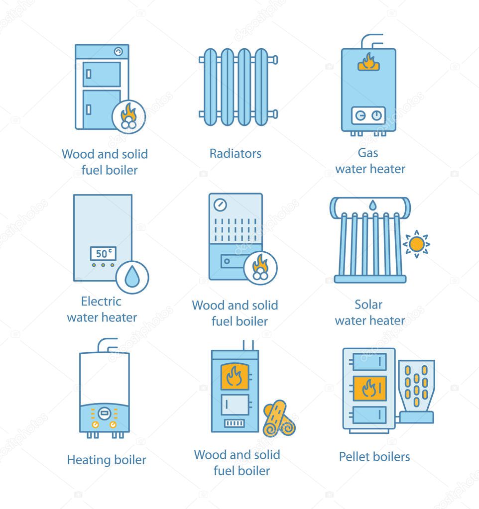 Commercial, industrial and domestic central heating systems color icons set. 