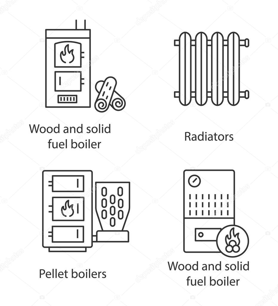 Heating linear icons set. Radiator, firewood and pellet boiler, solid fuel heater. 