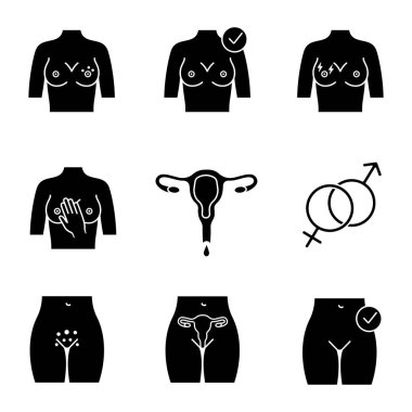 Gynecology glyph icons set. Breast rash, pain, womens health, palpation, menstruation, heterosexuality, genital rash, uterus.  clipart