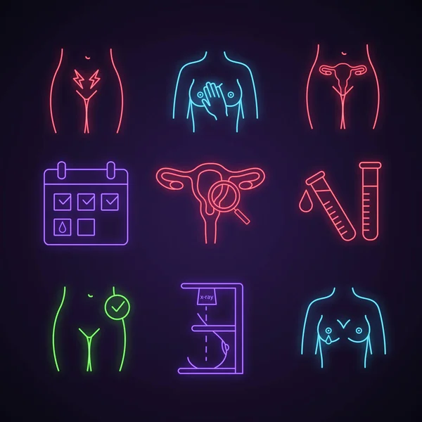 Gynaecologie Neon Licht Pictogrammen Instellen Menstruatie Kalender Tepel Kwijting Lab — Stockvector