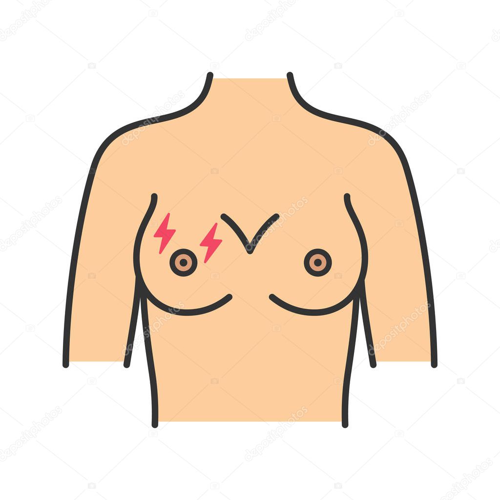 Female breast pain color icon. 