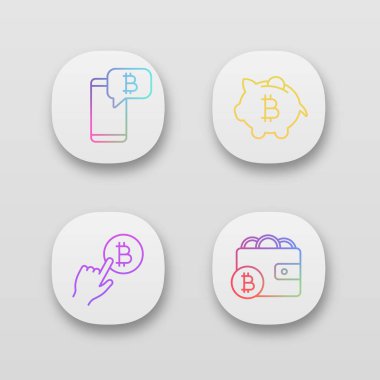 Bitcoin cryptocurrency app simgeleri ayarlayın. UI/Ux Kullanıcı arabirimi. Bitcoin sohbet, kumbara, cryptocurrency ödeme tıklama, Dijital Cüzdan. Web ya da mobil uygulamalar. İzole vektör çizimler