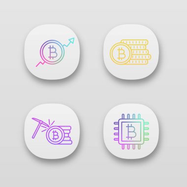 Bitcoin cryptocurrency app simgeleri ayarlayın. UI/Ux Kullanıcı arabirimi. Pazar büyüme grafiği, bitcoin sikke yığını, madencilik, mikroçip. Web ya da mobil uygulamalar. İzole vektör çizimler