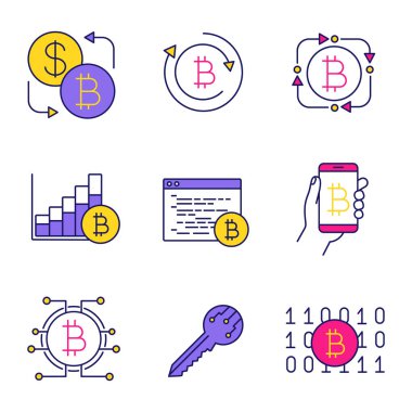 Bitcoin cryptocurrency renk simgeler kümesi. Bitcoin Satım, fintech, Pazar büyüme grafiği, araştırma yazılım, Dijital Cüzdan, anahtar, ikili kod. İzole vektör çizimler