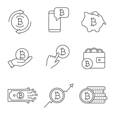 Bitcoin cryptocurrency doğrusal Icons set. Bitcoin Satım, cryptocurrency sohbet, kumbara, ödeme tıklama, cüzdan, dijital para, Pazar büyüme, sikke yığını. İzole vektörel çizimler. Düzenlenebilir kontur