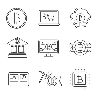 Bitcoin cryptocurrency doğrusal Icons set. Bozuk para, online alışveriş, bulut incelemesi, bankacılık, bitcoin Web sayfası, hashrate, Cpu madencilik, cryptocurrency. İzole vektör anahat çizimler. Düzenlenebilir kontur