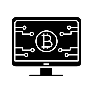 Bitcoin resmi web sayfası glif simgesini. Siluet simge. Açılış madencilik çiftlik. Blockchain sunucu sayfası. Cryptocurrency iş web sitesi. Negatif alan. İzole vektör çizim