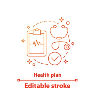Sağlık planı kavramı simge. Tıbbi tanı fikir ince hat illüstrasyon. Tanı raporu. Hasta kartı. İzole anahat çizim vektör. Düzenlenebilir kontur