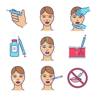 Neurotoxin injection color icons set. Vial, syringe, facial markup, cosmetologist exam, nasolabial folds subcutaneous injection, facial rejuvenation, cream, prohibition. Isolated vector illustrations clipart
