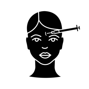 Alin nörotoksin enjeksiyon glif simgesi. Anti kırışıklık enjeksiyon hatları kaşlarını. Kozmetik prosedür. Kırışıklık azaltma. Yüz gençleştirme. Siluet simge. Negatif alan. İzole vektör çizim