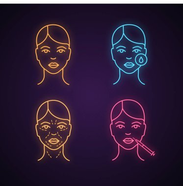 Nörotoksin enjeksiyon neon ışığı simgesi. Kadın yüz, makyaj temizleme, kopyalama kırışıklık, dudak enjeksiyon. İşareti parlayan. İzole vektör çizim