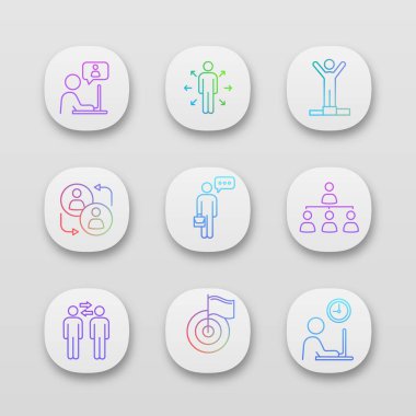 İş yönetimi uygulaması simgeler kümesi. UI/Ux Kullanıcı arabirimi. Sohbet, karar, başarı, ortaklık, konuşma, hiyerarşi, ortaklar, başarı, çalışma saatleri. İzole vektör çizimler