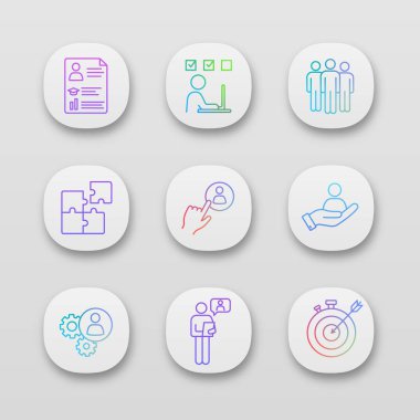 İş yönetimi uygulaması simgeler kümesi. UI/Ux Kullanıcı arabirimi. Özgeçmiş, görev çözme, takım, çözüm, düğme, akıllı gol, online görüşme, ekip çalışması, kişi elinde işe personel. İzole vektör çizim