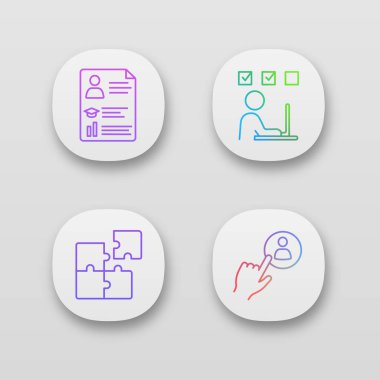 İş yönetimi uygulaması simgeler kümesi. , Online eğitim, arama, düğme işe personel çözüm devam. UI/Ux Kullanıcı arabirimi. Web ya da mobil uygulamalar. İzole vektör çizimler