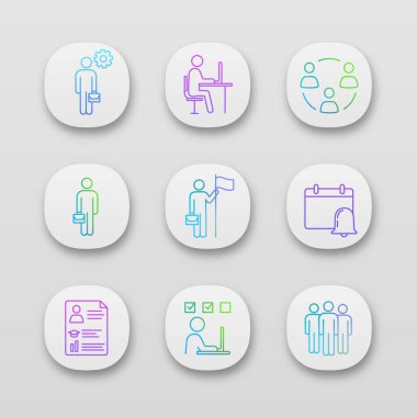 İş yönetimi uygulaması simgeler kümesi. UI/Ux Kullanıcı arabirimi. Yöneticisi, office, ortaklık, iş adamı, hedefe ulaşmada, uyarı mektubu, özgeçmiş, görev çözme, takım. İzole vektör çizimler