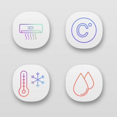 Klima app simgeleri ayarlayın. Klima, santigrat derece, kış sıcaklık, nemlendirme. UI/Ux Kullanıcı arabirimi. Web ya da mobil uygulamalar. İzole vektör çizimler