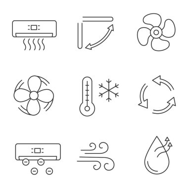 Klima doğrusal Icons set. Klima, Panjur, egzoz fan, vantilatör, kış, havalandırma, Ionizer, hava akımı, nemlendirme. İzole vektör anahat çizimler. Düzenlenebilir kontur