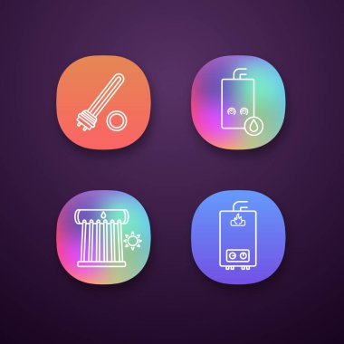 Isıtma app simgeler kümesi. UI/Ux Kullanıcı arabirimi. Elektrik ve gaz su ısıtıcıları, Isıtma kazanı, endüstriyel su ısıtıcısı. Web ya da mobil uygulamalar. İzole vektör çizimler