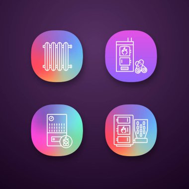 Isıtma app simgeler kümesi. Radyatör, yakacak odun ve Pelet kazanı, katı yakıt kalorifer. UI/Ux Kullanıcı arabirimi. Web ya da mobil uygulamalar. İzole vektör çizimler