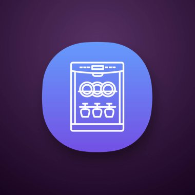 Bulaşık makinesi app simgesi. UI/Ux Kullanıcı arabirimi. Otomatik dishware ve çatal bıçak takımı Temizleme. Mutfak aletleri. Restoran, kafeterya ekipmanları. Web ya da mobil uygulama. İzole vektör çizim
