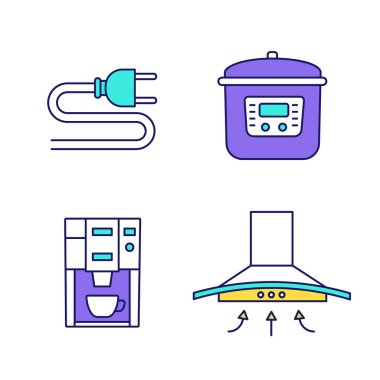 Ev aleti renk simgeler kümesi. Elektrik fişi, multicooker, kahve makinesi, aralığı hood. İzole vektör çizimler
