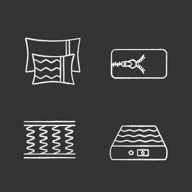 Ortopedik yatak tebeşir Icons set. Yastıklar, kaldırma örtmek, bahar ve Hava minder. İzole vektör kara tahta çizimler